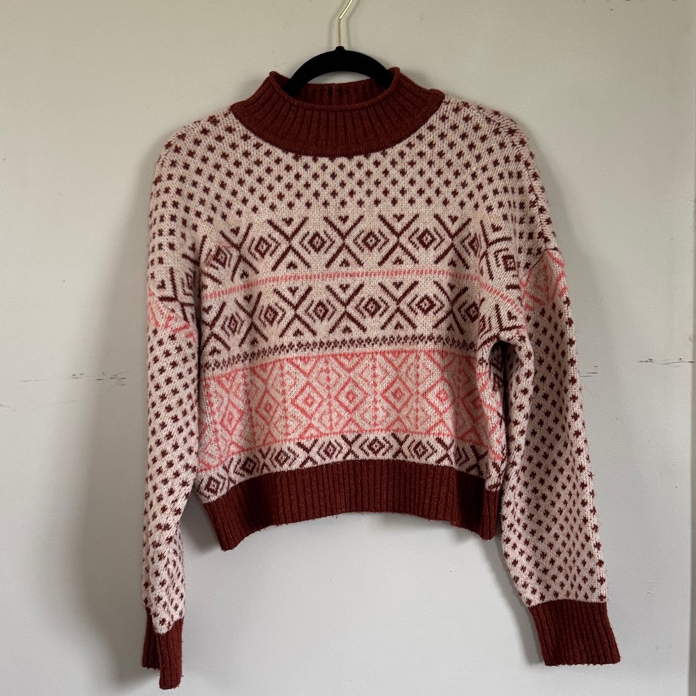 American Eagle‎ Fair Isle Turtleneck Sweater Medium Pink Brown Cropped Cozy Knit